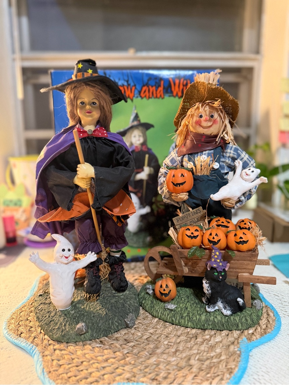 Purple Witch Halloween Figurine with Orange Pumpkin Accents